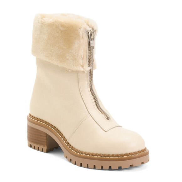 BERTUCHI Beige Made In Spain Leather Front Zipper Booties With Fake Fur - Picture 1 of 2
